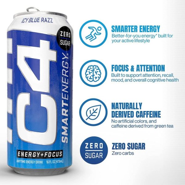 Cellucor C4 Smart Energy Sugar-Free Energy Drink Blue Razz (473ml) 12 Pack - Image 3