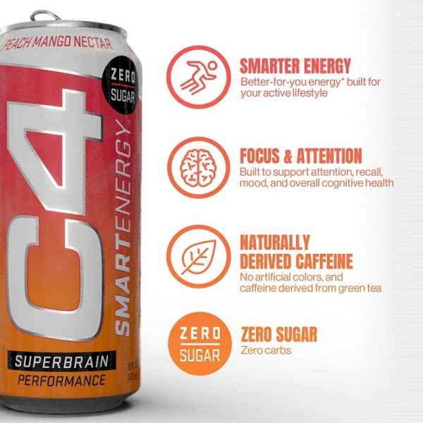 Cellucor C4 Smart Energy Sugar-Free Energy Drink Peach Mango Nectar (473ml) 12 Pack - Image 3