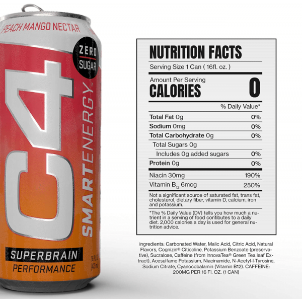 Cellucor C4 Smart Energy Sugar-Free Energy Drink Peach Mango Nectar (473ml) 12 Pack - Image 2