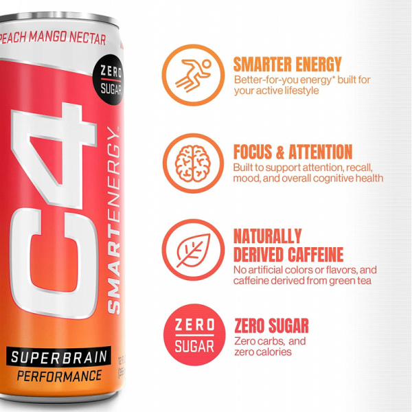 Cellucor C4 Smart Energy Sugar-Free Energy Drink Peach Mango Nectar (355ml) 12 Pack - Image 3