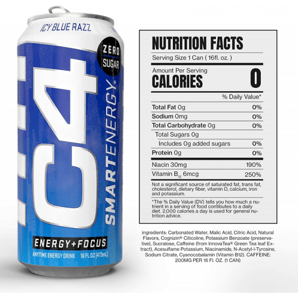 Cellucor C4 Smart Energy Sugar-Free Energy Drink Blue Razz (473ml) 12 Pack - Image 2